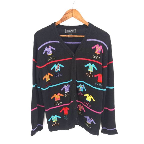 Terazzo Black Striped Sweater Print Button Front Grandma Knit Cardigan Sz Large - Picture 8 of 8